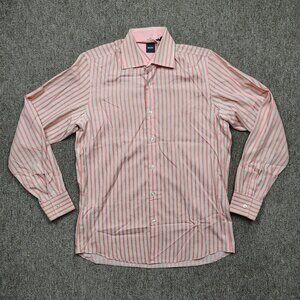 HUGO BOSS Button Up Shirt Men's Medium Orange Striped Cotton Long Sleeve Woven